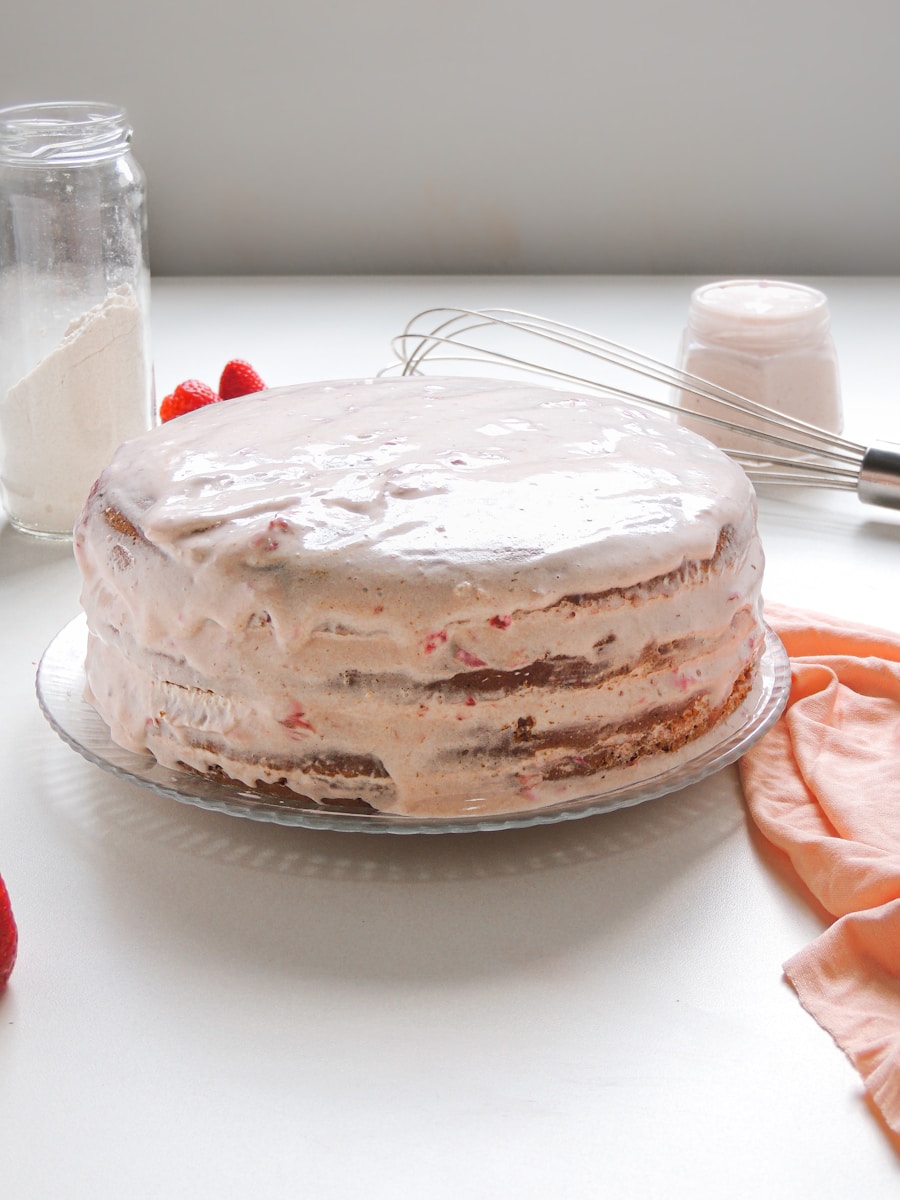 a cake sitting on top of a glass plate